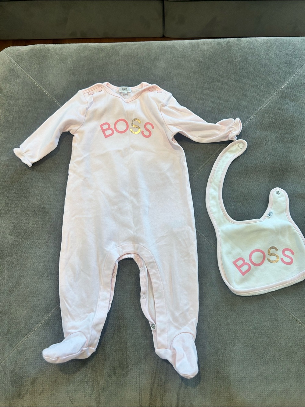 Boss Light Pink Baby Footed One-Piece with Gold Accent Size 9 months Great cond